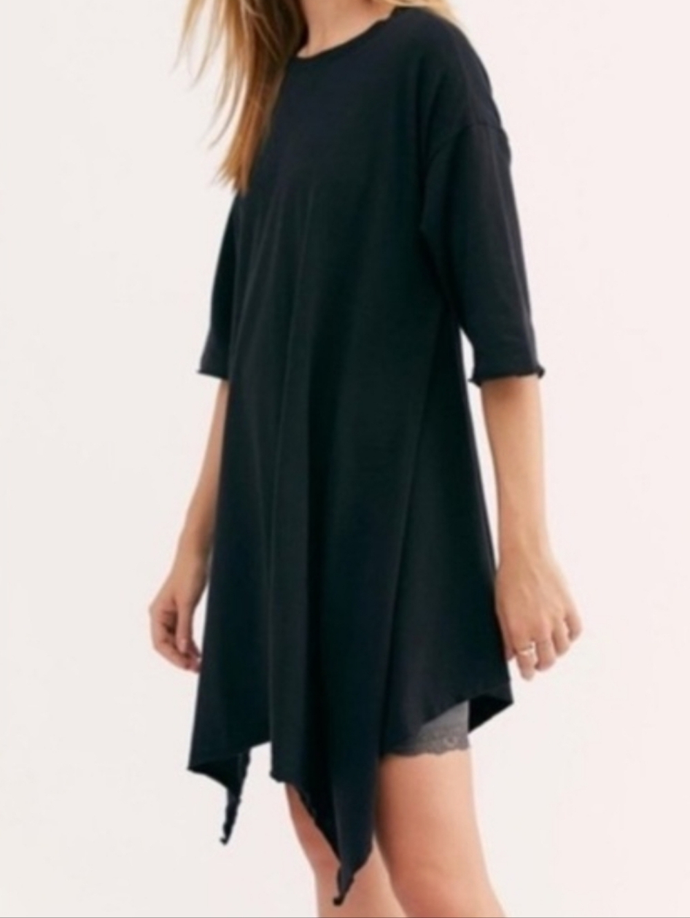 Free People FP Beach Kahuna T-shirtDress Black Pima Cotton Asymmetrical Hem M